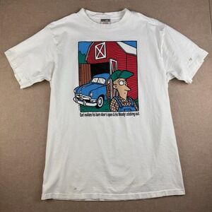 Vintage Oneita Shirt Men L White Cartoon‎ Farm Woody Quote Funny Single Stitch
